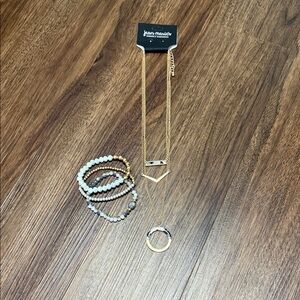 Gold Layered Necklace with White Beaded Bracelets-Brand New